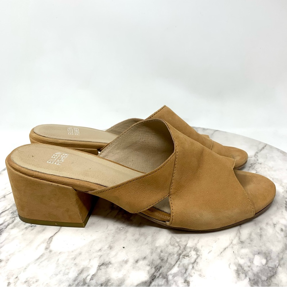 Eileen Fisher Haven Sand Nubuck Open Toe Block Heel Sandal Slides 8 Neutral Chic - Picture 2 of 15